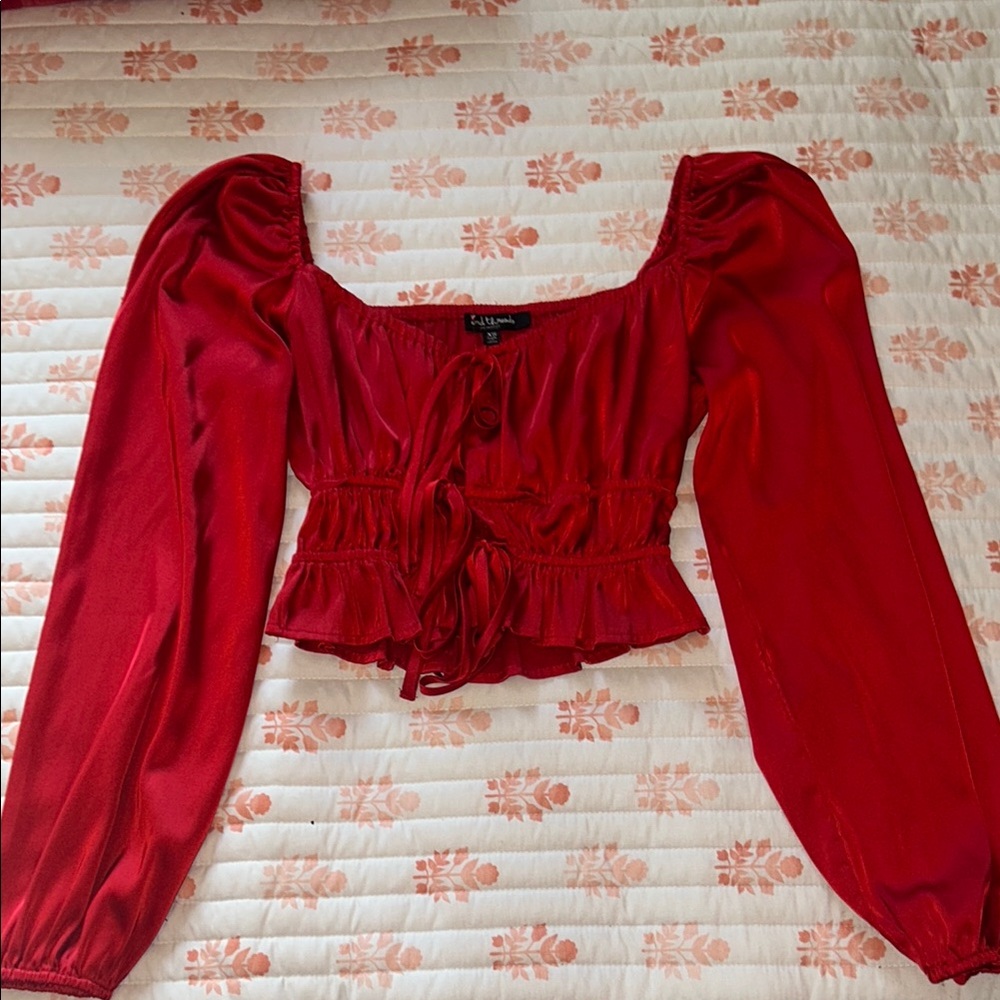 Red Ruched Long Sleeve Crop Blouse